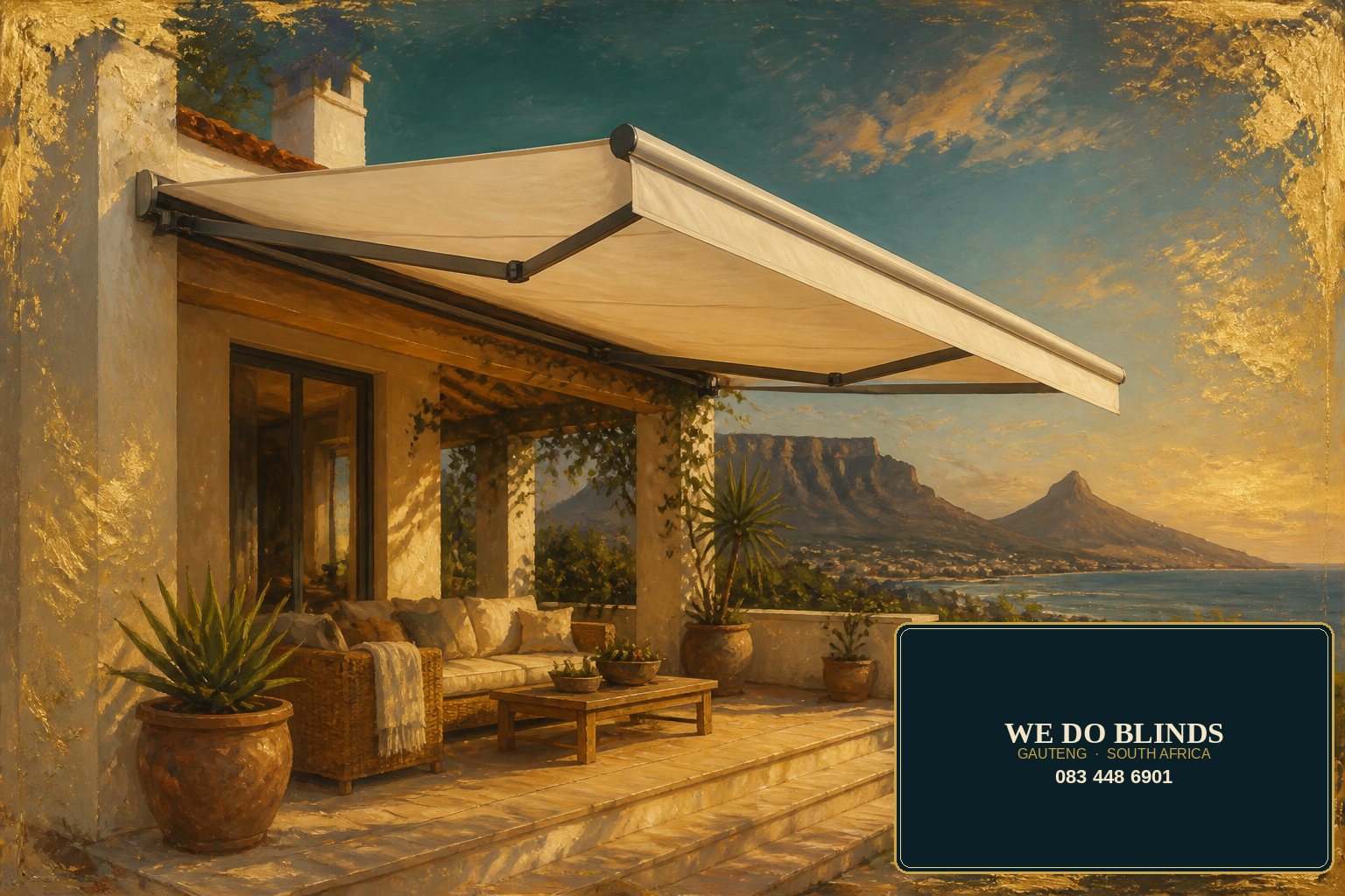 Folding-arm patio awning over a terrace, gold-leaf painted frame.