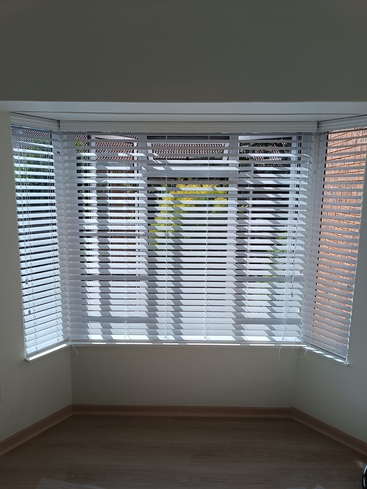 White Venetian blinds on a bay window