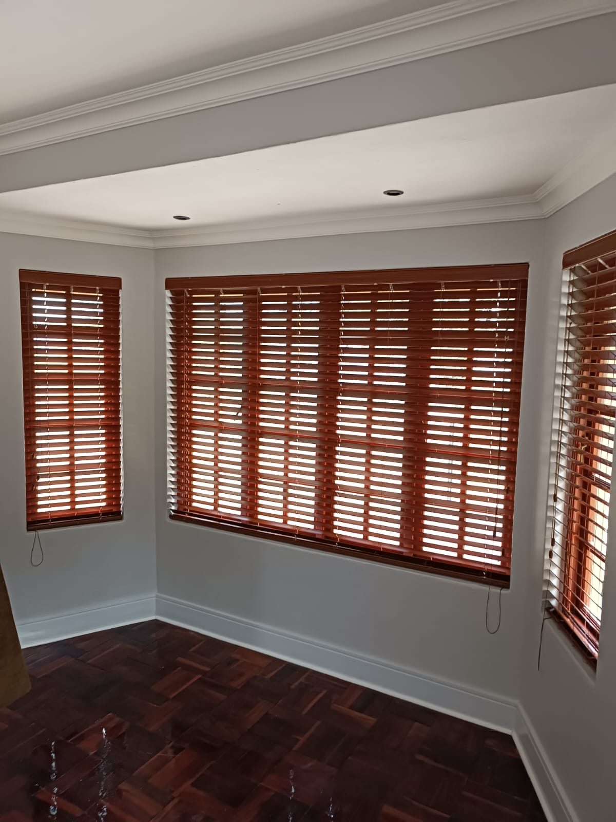 Wood Venetian blinds in a living room