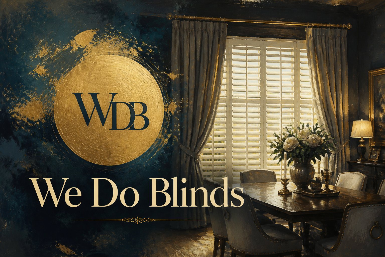 Painted dining room with plantation shutters and the We Do Blinds gold halo mark.