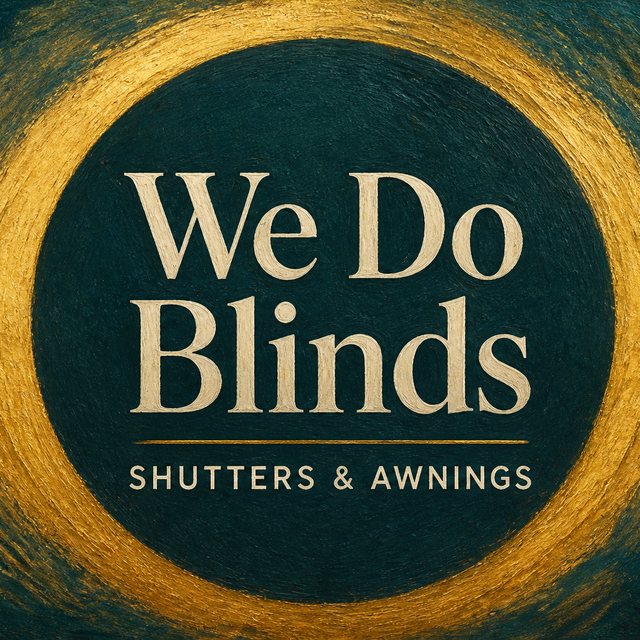 We Do Blinds gold halo wordmark: We Do Blinds, Shutters & Awnings.