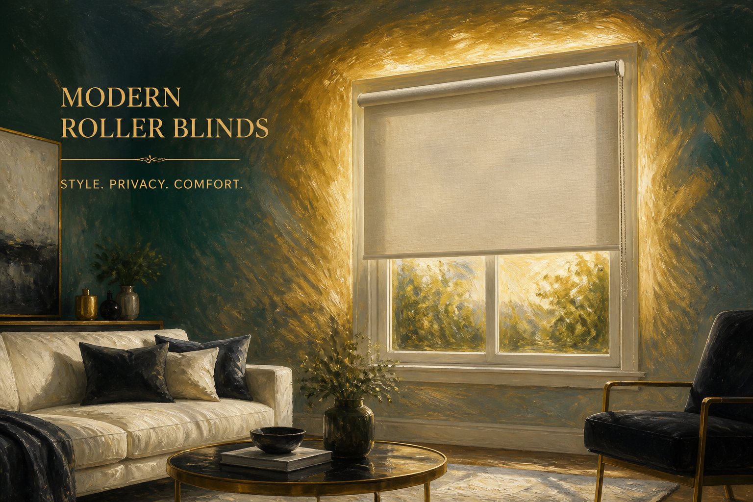 Oil-painted living room with a beige roller blind in a white window frame.